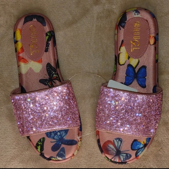 👣ROUGE! Mellow Rhinestone Band Printed Slide Sandals in Pink - Picture 5 of 10